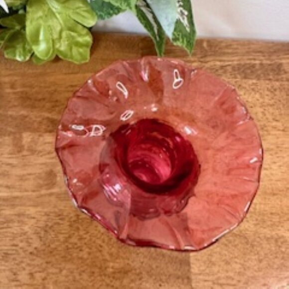 Vintage Cranberry Glass Ruffled Vase Diamond Heart Motif Elegant Red Art Glass - Picture 7 of 7